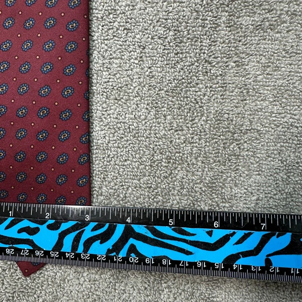 Mens Burgundy Paisley Silk Necktie Blue Gold Dot Pattern Classic Formal Tie